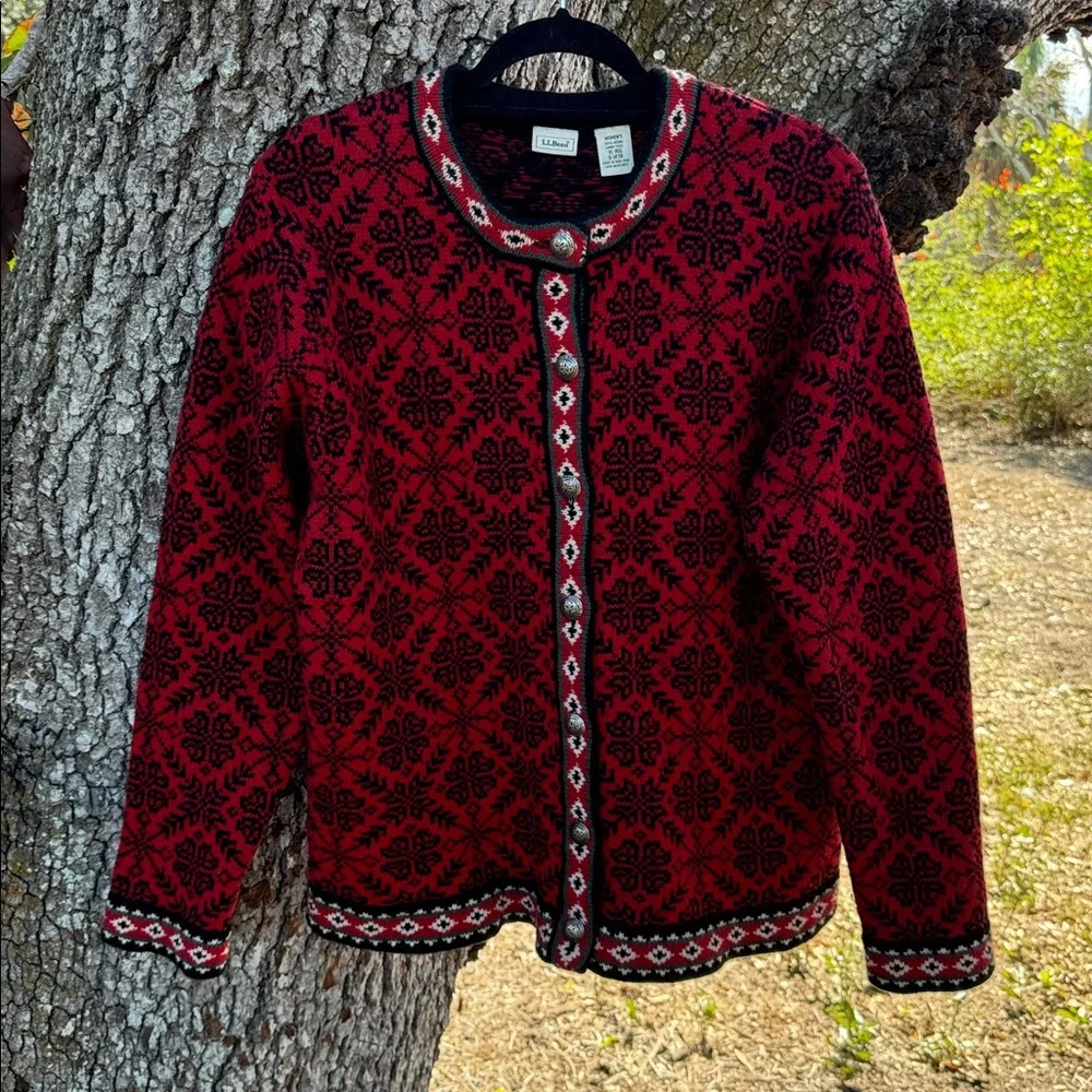 XL Vtg.L.L.Bean 100% Merino Lambswool red and black Nordic Fair Isle sweater.XL